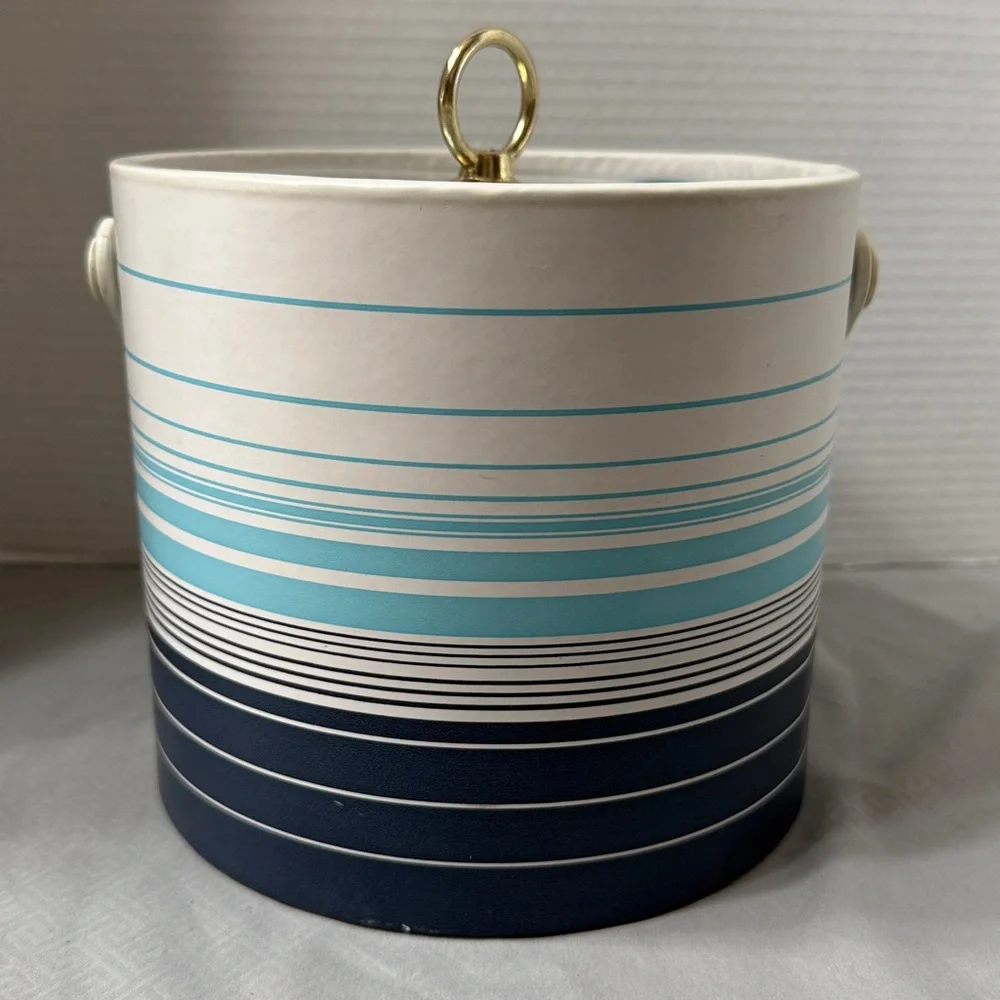Vintage Ice Bucket 4 Glasses 4 Coasters Tongs Set in Aqua, Navy & White Stripes